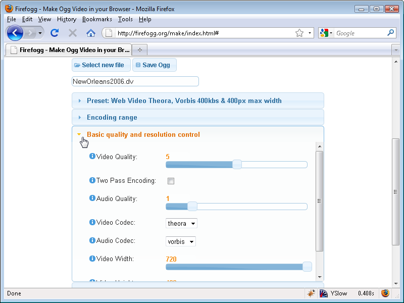 Firefogg basic quality and resolution control