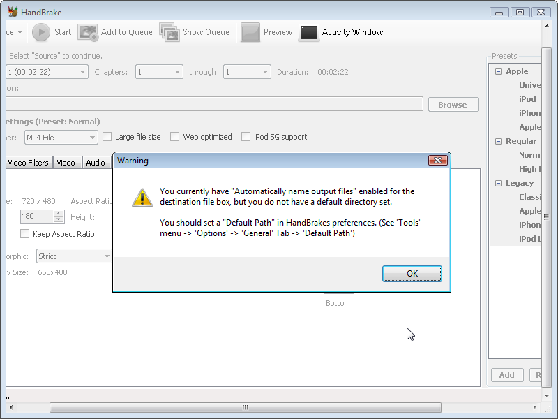 HandBrake: default directory warning
