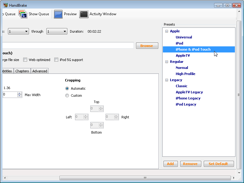 HandBrake: select iPhone preset