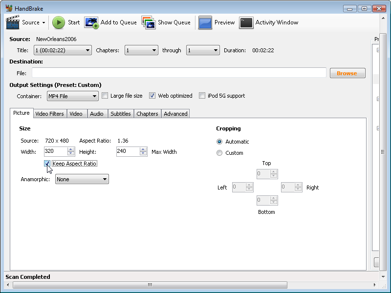 HandBrake: set width, height, and aspect ratio